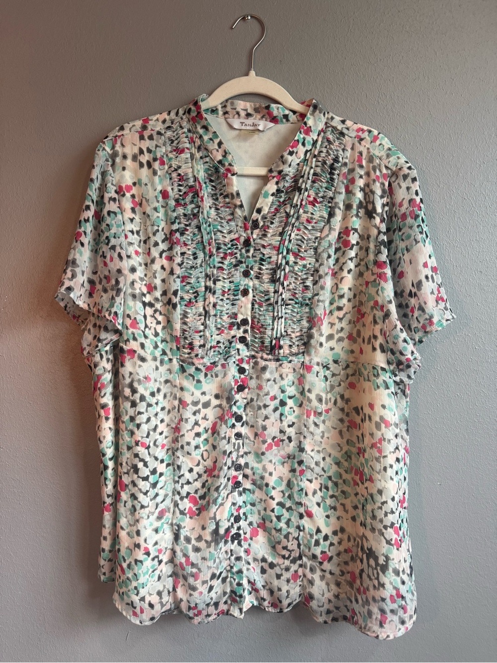 TanJay White Blouse with Pink and Teal Dot Print